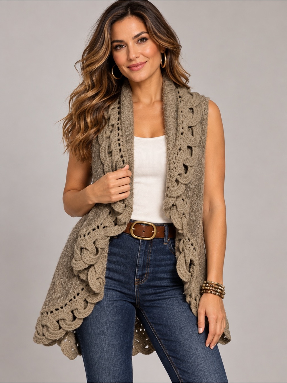 MONOREN Crochet Knit vest/ jacket, Faux Fur Brown SZ L